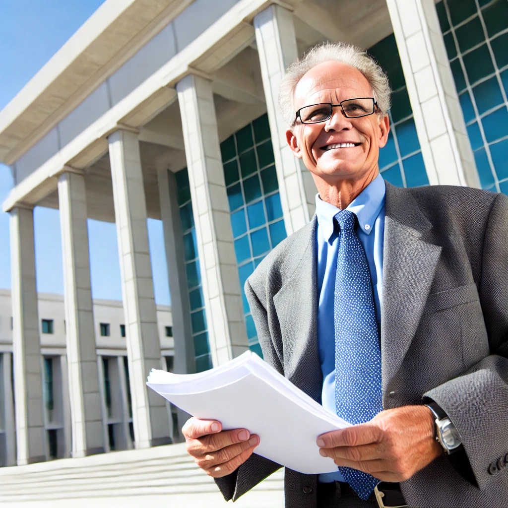 A senior public servant in their 60s standing confidently outside a government building, holding documents and smiling. The government building is large with columns and has a modern, professional look. The sky is bright and clear.